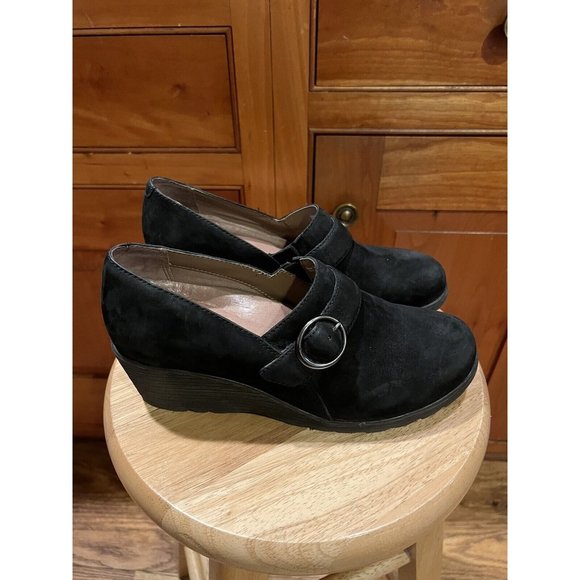 Dansko Black Clio Nubuck Suede Wedge Clogs  7.5-8  38 - Picture 1 of 12